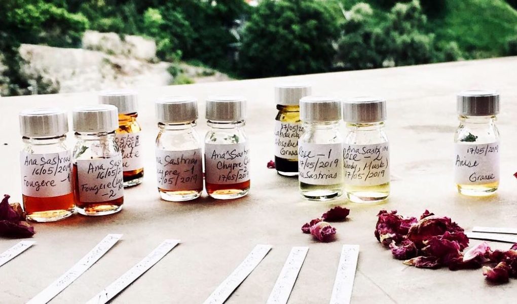 Nine bottles of fragrances designed by Ana Sastrias in Grasse.