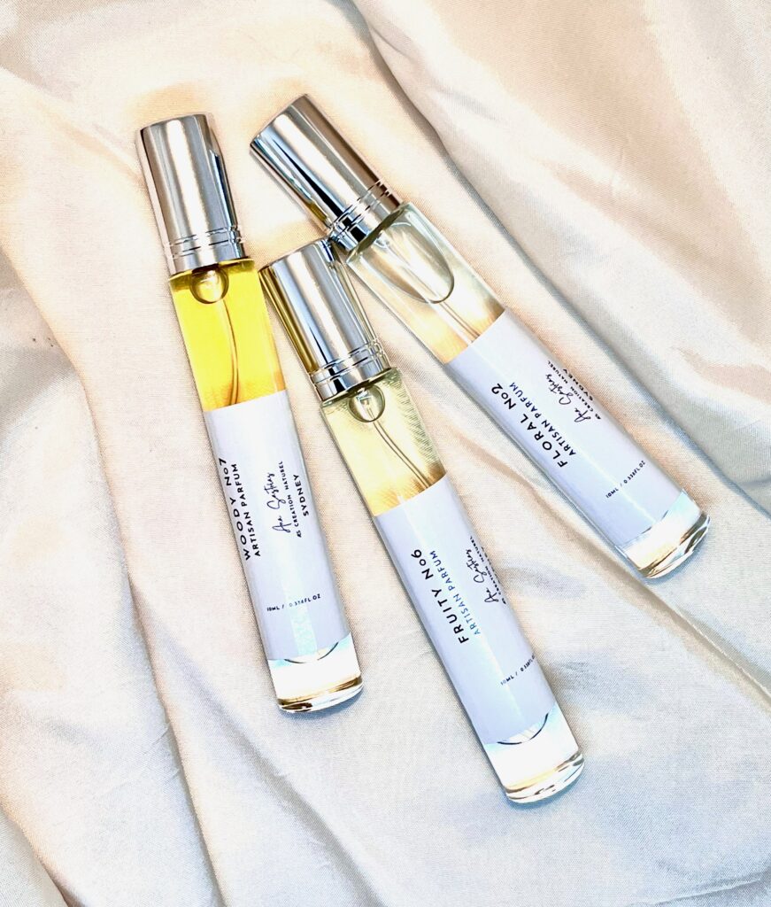 3 Fragrances in the "55" Collection by Ana Sastrias from ÆS Création Naturel. Floral No2, Fruity No6, Woody No7 in 10ml bottles