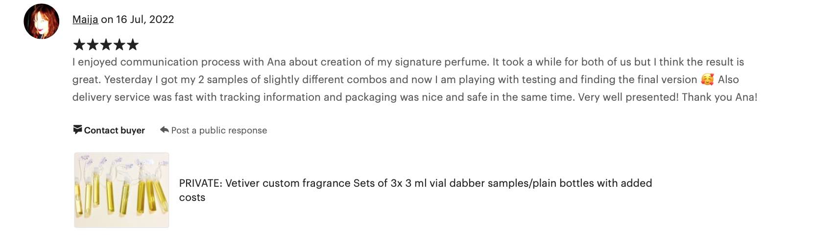 Maija feedback about a custom fragrance in samples